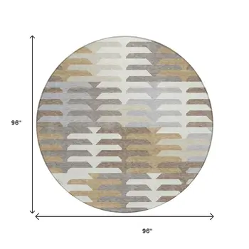 8' Taupe Gray And Ivory Round Geometric Washable Indoor Outdoor Area Rug
