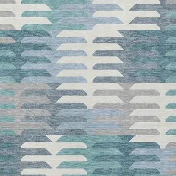 3' X 5' Teal Blue Ivory And Gray Geometric Washable Indoor Outdoor Area Rug