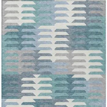 5' X 8' Teal Blue Ivory And Gray Geometric Washable Indoor Outdoor Area Rug