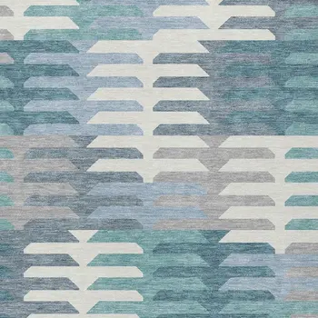 5' X 8' Teal Blue Ivory And Gray Geometric Washable Indoor Outdoor Area Rug