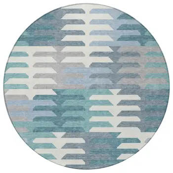 8' Teal Blue Ivory And Gray Round Geometric Washable Indoor Outdoor Area Rug