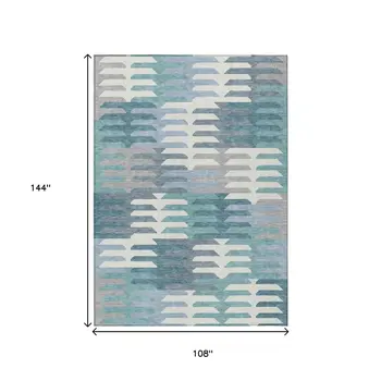 9' X 12' Teal Blue Ivory And Gray Geometric Washable Indoor Outdoor Area Rug