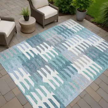9' X 12' Teal Blue Ivory And Gray Geometric Washable Indoor Outdoor Area Rug