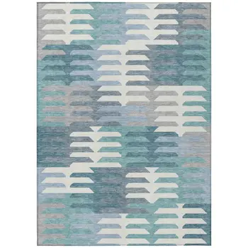 9' X 12' Teal Blue Ivory And Gray Geometric Washable Indoor Outdoor Area Rug