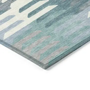 9' X 12' Teal Blue Ivory And Gray Geometric Washable Indoor Outdoor Area Rug