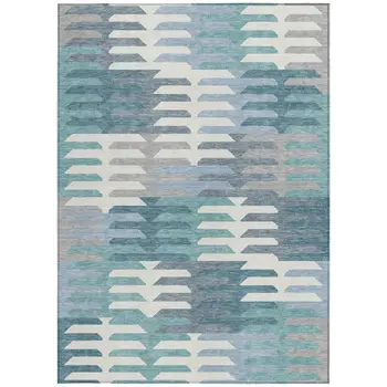 9' X 12' Teal Blue Ivory And Gray Geometric Washable Indoor Outdoor Area Rug