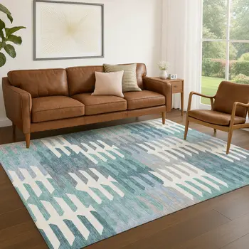 9' X 12' Teal Blue Ivory And Gray Geometric Washable Indoor Outdoor Area Rug