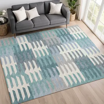 9' X 12' Teal Blue Ivory And Gray Geometric Washable Indoor Outdoor Area Rug