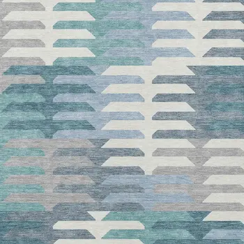 10' X 14' Teal Blue Ivory And Gray Geometric Washable Indoor Outdoor Area Rug