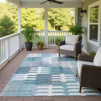 10' X 14' Teal Blue Ivory And Gray Geometric Washable Indoor Outdoor Area Rug