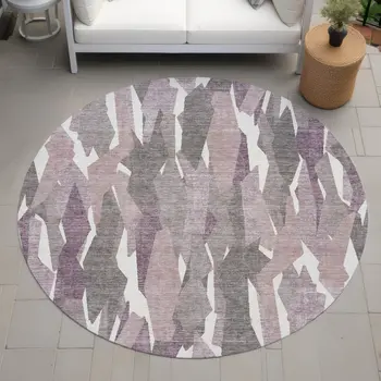 8' Blush And Ivory Round Striped Washable Indoor Outdoor Area Rug