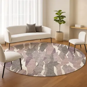 8' Blush And Ivory Round Striped Washable Indoor Outdoor Area Rug