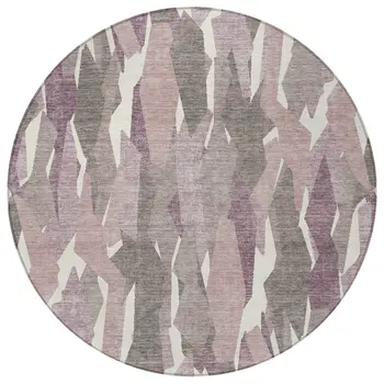 8' Blush And Ivory Round Striped Washable Indoor Outdoor Area Rug