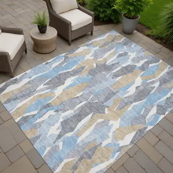 5' X 8' Denim Blue Khaki And Ivory Striped Washable Indoor Outdoor Area Rug