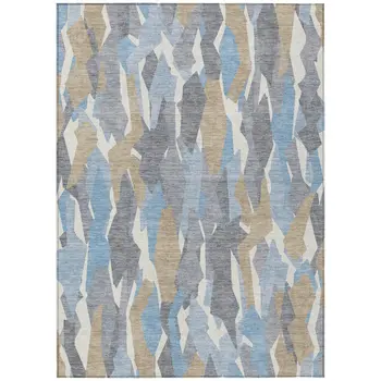 5' X 8' Denim Blue Khaki And Ivory Striped Washable Indoor Outdoor Area Rug