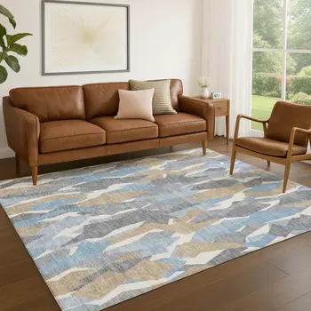 5' X 8' Denim Blue Khaki And Ivory Striped Washable Indoor Outdoor Area Rug