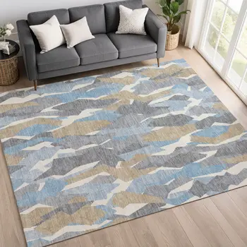 5' X 8' Denim Blue Khaki And Ivory Striped Washable Indoor Outdoor Area Rug