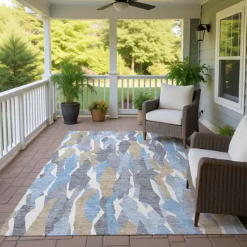 5' X 8' Denim Blue Khaki And Ivory Striped Washable Indoor Outdoor Area Rug