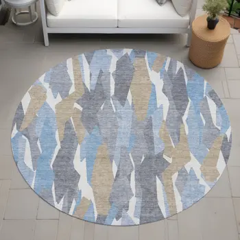 8' Denim Blue Khaki And Ivory Round Striped Washable Indoor Outdoor Area Rug