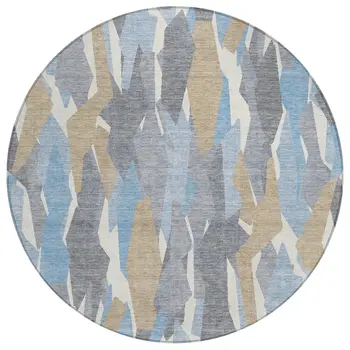 8' Denim Blue Khaki And Ivory Round Striped Washable Indoor Outdoor Area Rug