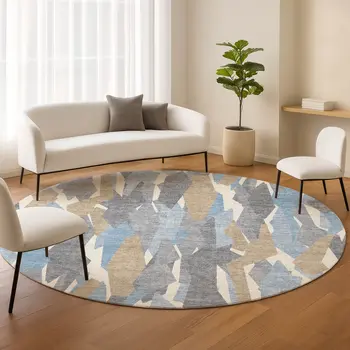 8' Denim Blue Khaki And Ivory Round Striped Washable Indoor Outdoor Area Rug