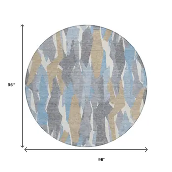 8' Denim Blue Khaki And Ivory Round Striped Washable Indoor Outdoor Area Rug