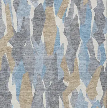 9' X 12' Denim Blue Khaki And Ivory Striped Washable Indoor Outdoor Area Rug