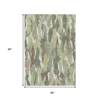 5' X 8' Fern Green Tan And Ivory Striped Washable Indoor Outdoor Area Rug