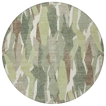 8' Fern Green Tan And Ivory Round Striped Washable Indoor Outdoor Area Rug