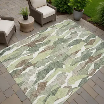 8' X 10' Fern Green Tan And Ivory Striped Washable Indoor Outdoor Area Rug