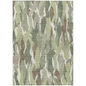 8' X 10' Fern Green Tan And Ivory Striped Washable Indoor Outdoor Area Rug
