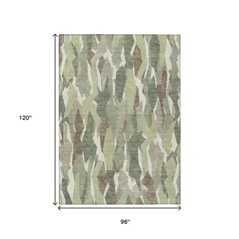 8' X 10' Fern Green Tan And Ivory Striped Washable Indoor Outdoor Area Rug