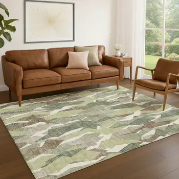 8' X 10' Fern Green Tan And Ivory Striped Washable Indoor Outdoor Area Rug