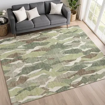 8' X 10' Fern Green Tan And Ivory Striped Washable Indoor Outdoor Area Rug