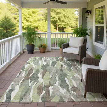 8' X 10' Fern Green Tan And Ivory Striped Washable Indoor Outdoor Area Rug