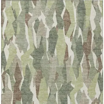 10' X 14' Fern Green Tan And Ivory Striped Washable Indoor Outdoor Area Rug