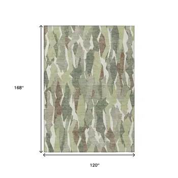 10' X 14' Fern Green Tan And Ivory Striped Washable Indoor Outdoor Area Rug