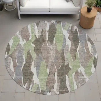 8' Coffee Fern Green And Khaki Round Striped Washable Indoor Outdoor Area Rug