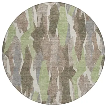 8' Coffee Fern Green And Khaki Round Striped Washable Indoor Outdoor Area Rug