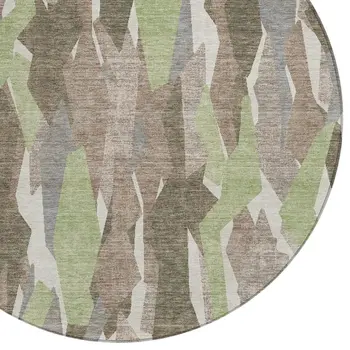 8' Coffee Fern Green And Khaki Round Striped Washable Indoor Outdoor Area Rug
