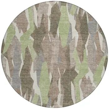 8' Coffee Fern Green And Khaki Round Striped Washable Indoor Outdoor Area Rug
