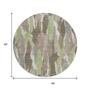 8' Coffee Fern Green And Khaki Round Striped Washable Indoor Outdoor Area Rug