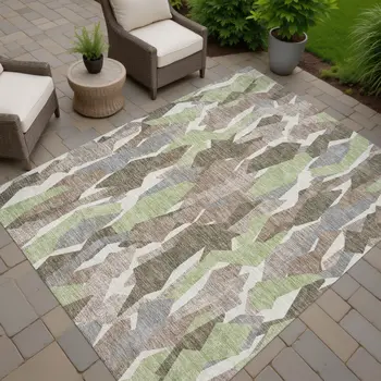 8' X 10' Coffee Fern Green And Khaki Striped Washable Indoor Outdoor Area Rug