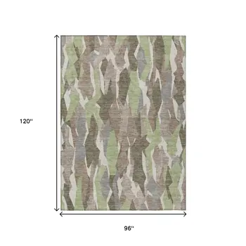 8' X 10' Coffee Fern Green And Khaki Striped Washable Indoor Outdoor Area Rug