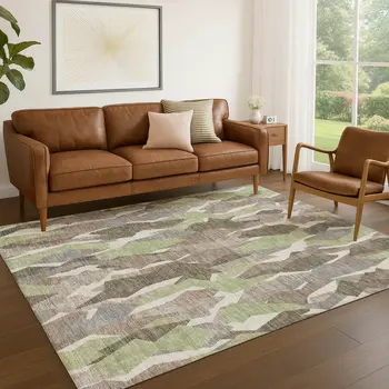 8' X 10' Coffee Fern Green And Khaki Striped Washable Indoor Outdoor Area Rug