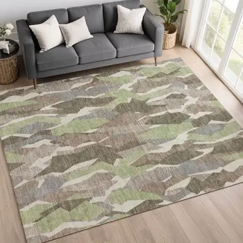 8' X 10' Coffee Fern Green And Khaki Striped Washable Indoor Outdoor Area Rug