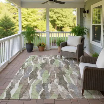 8' X 10' Coffee Fern Green And Khaki Striped Washable Indoor Outdoor Area Rug
