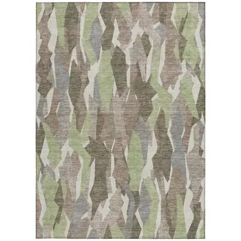 10' X 14' Coffee Fern Green And Khaki Striped Washable Indoor Outdoor Area Rug