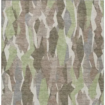 10' X 14' Coffee Fern Green And Khaki Striped Washable Indoor Outdoor Area Rug