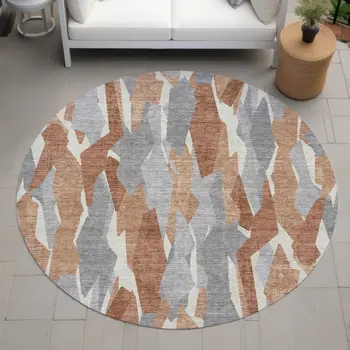 8' Chili Red Granite Gray And Ivory Round Striped Washable Indoor Outdoor Area Rug